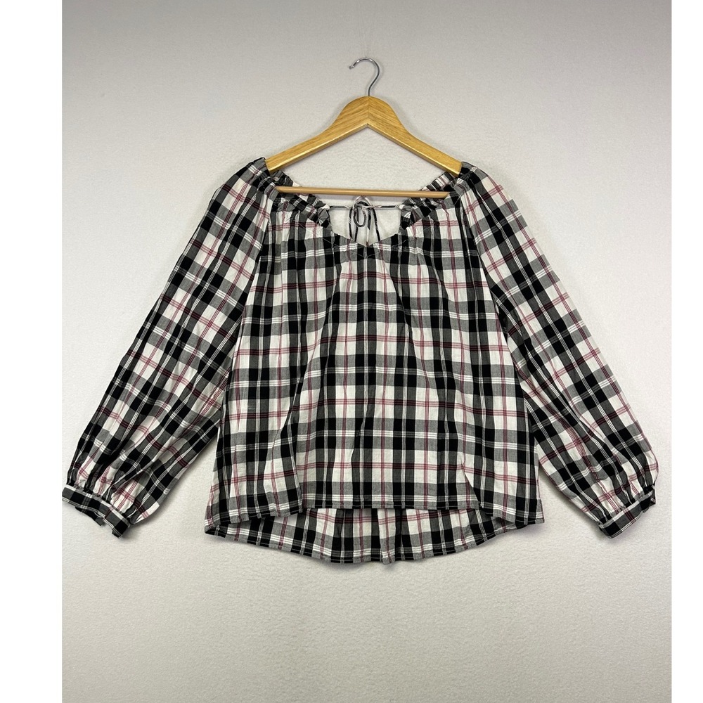 Dark Academia J.Crew Women XL Black White Plaid Tie-Back Ruffle Neck Blouse Top